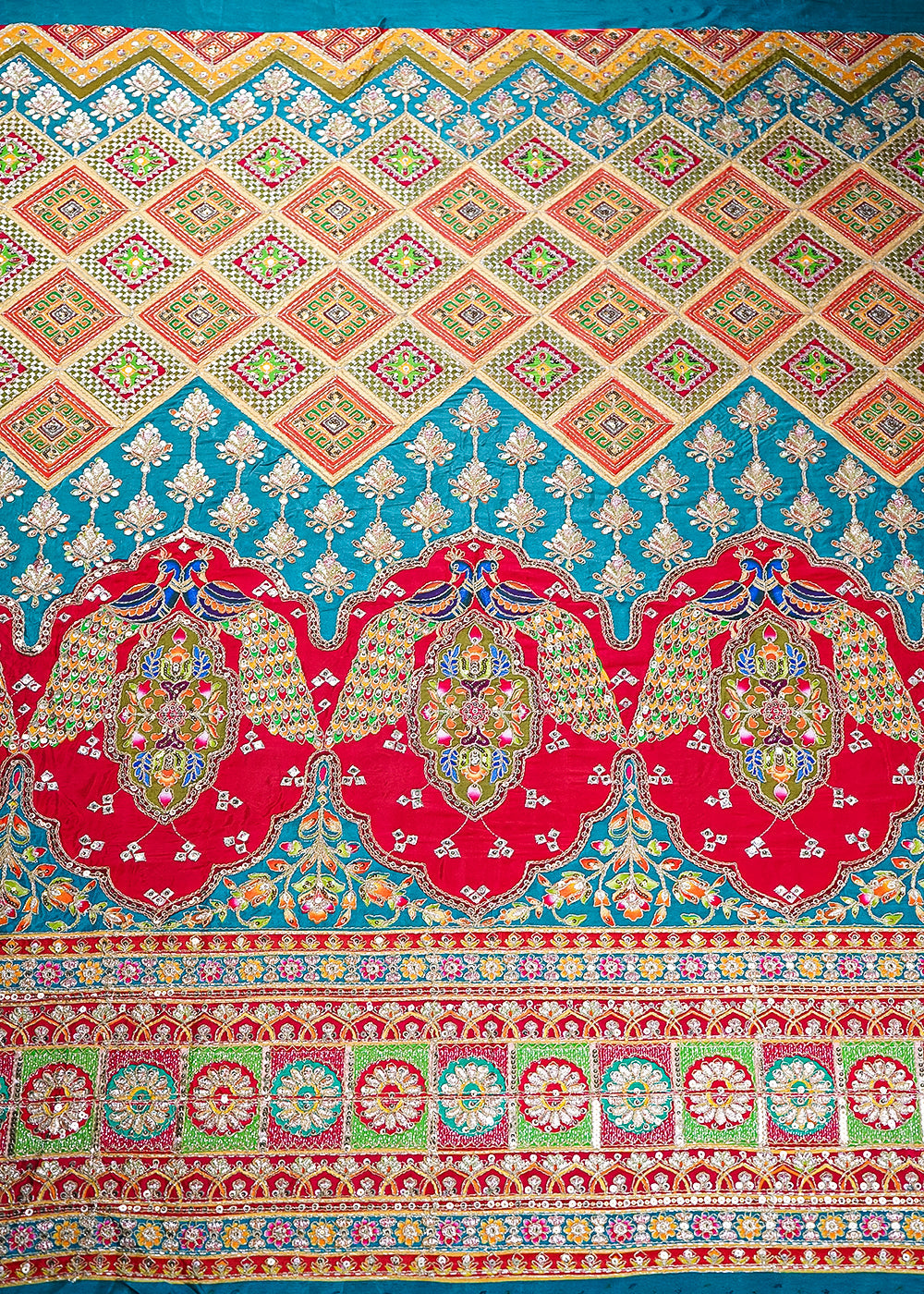 Teal Crepe Fabric With All Over Zari And Sequins Work With One Side Heavy Border 19603