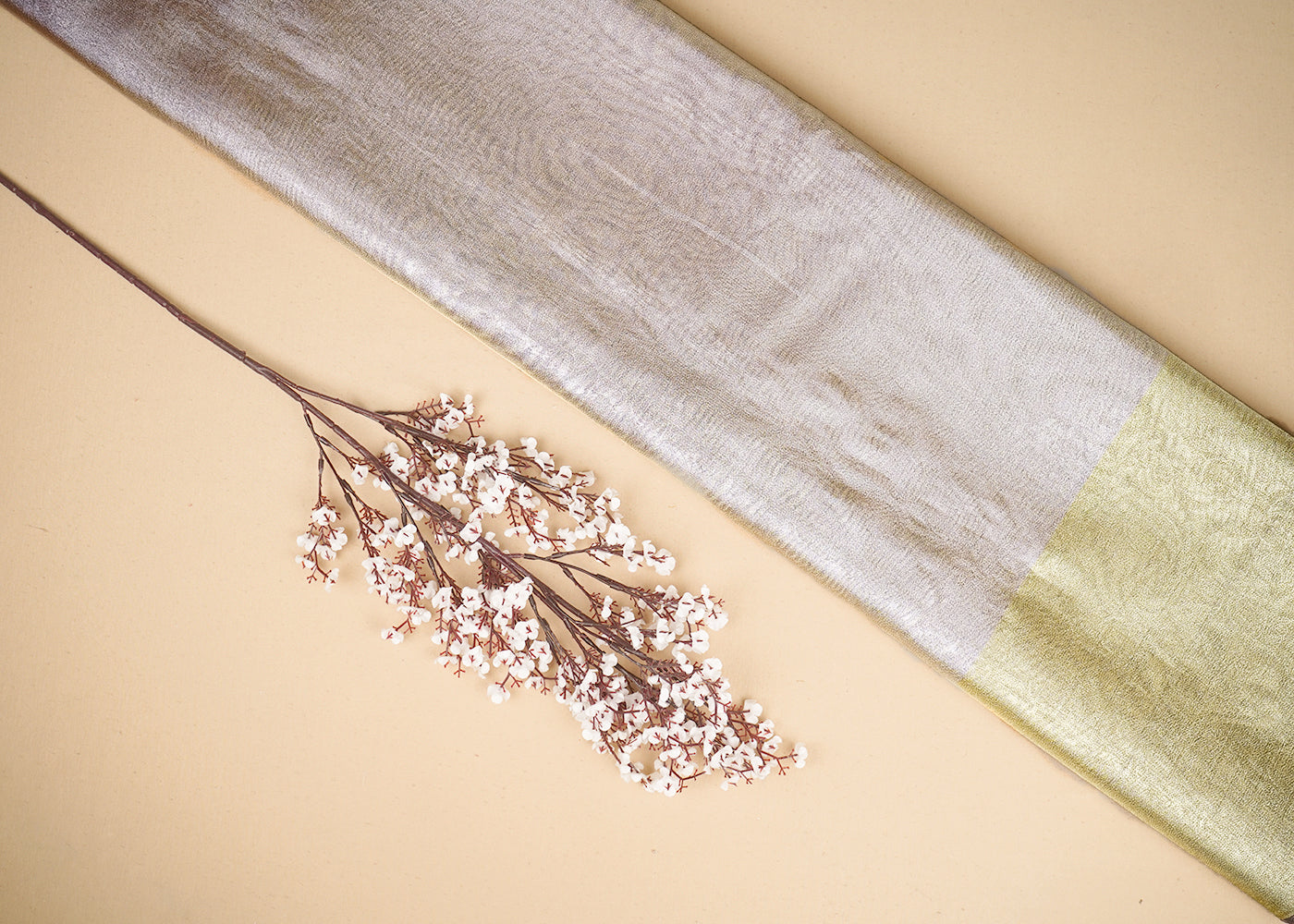 Dull Gold Organza Fabric with Allover Self Work with One-Side Heavy Border 19612