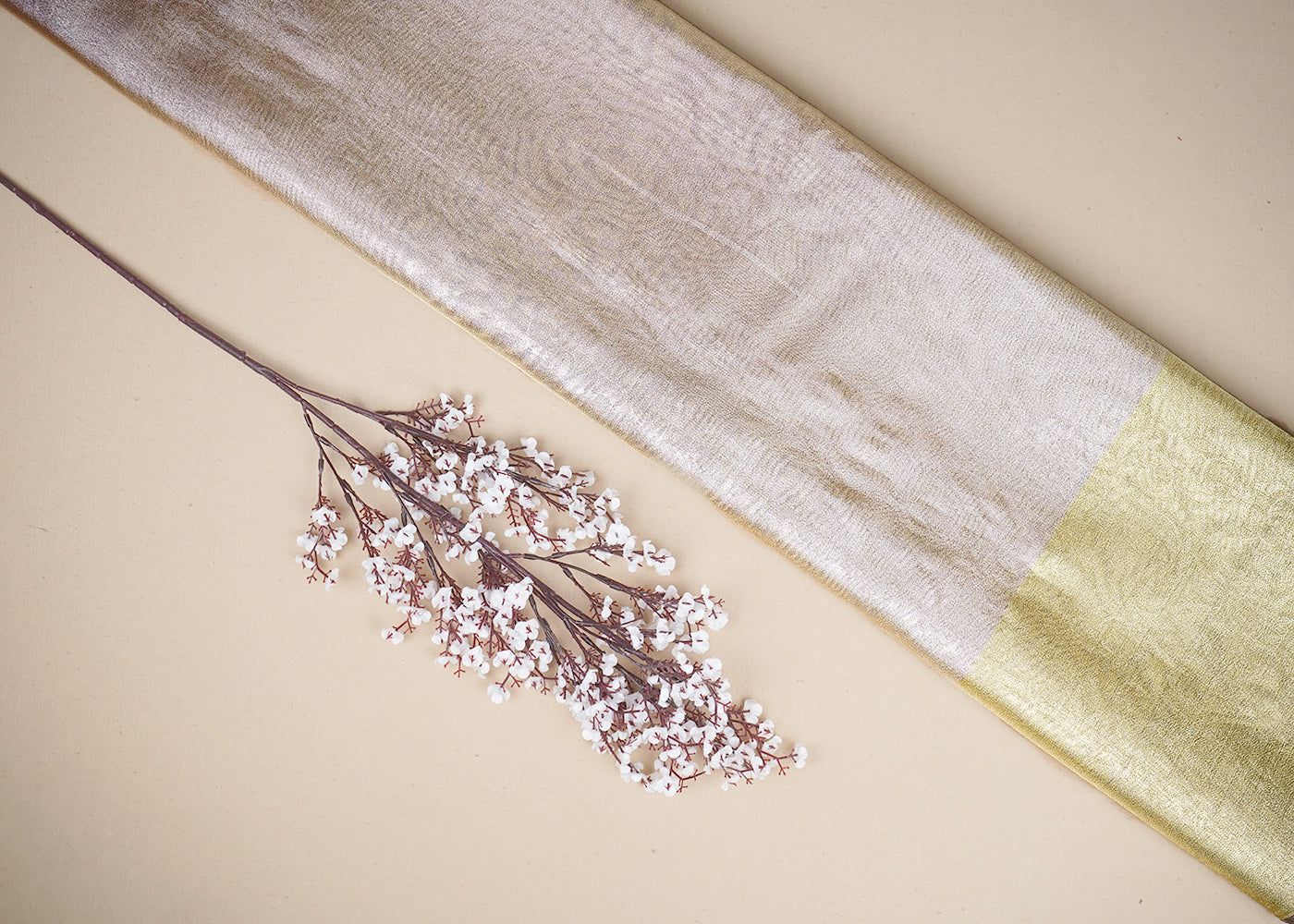 Dull Gold Organza Fabric with Allover Self Work with One-Side Heavy Border 19612