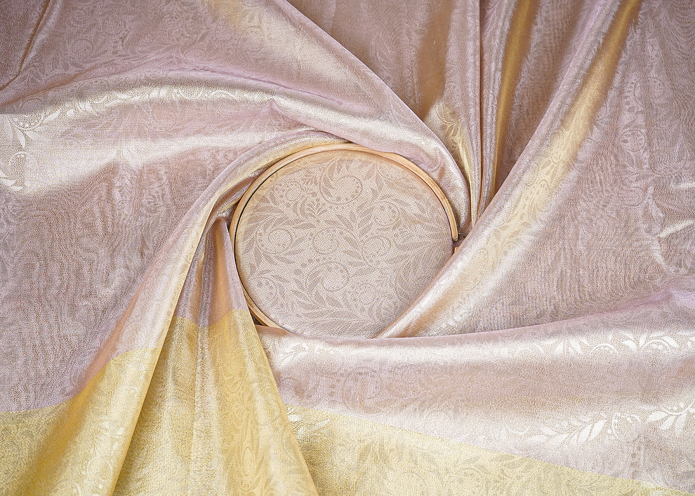Dull Gold Organza Fabric with Allover Self Work with One-Side Heavy Border 19612