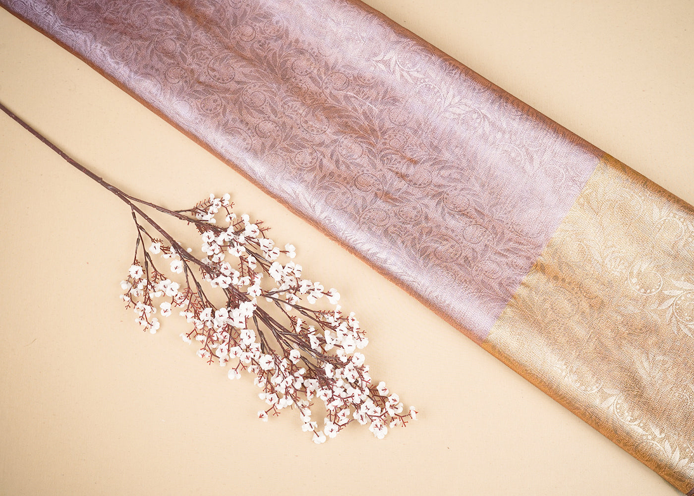 Onion Organza Fabric with Allover Self Work with One-Side Heavy Border 19614