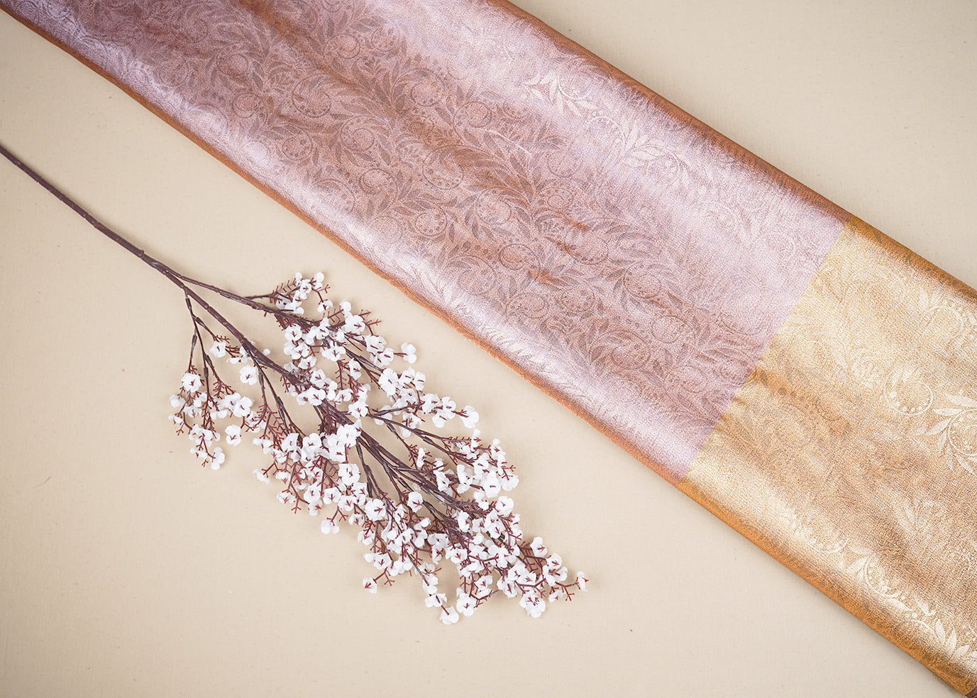 Onion Organza Fabric with Allover Self Work with One-Side Heavy Border 19614