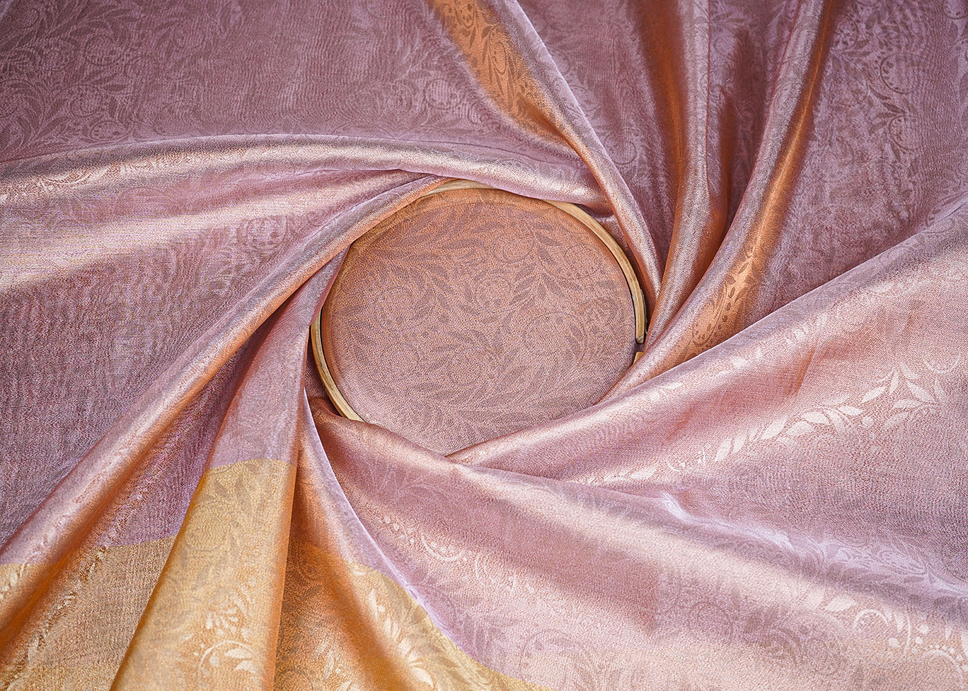 Onion Organza Fabric with Allover Self Work with One-Side Heavy Border 19614