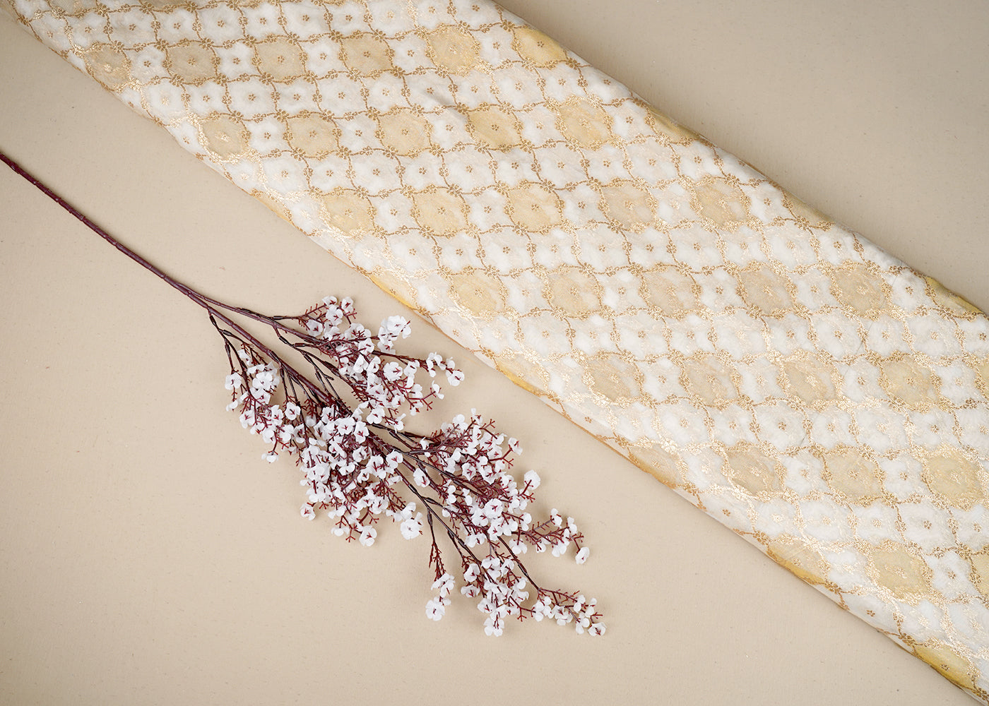 White Organza Tissue Fabric with Allover Golden Zari Jaal Pattern Handloom 19616