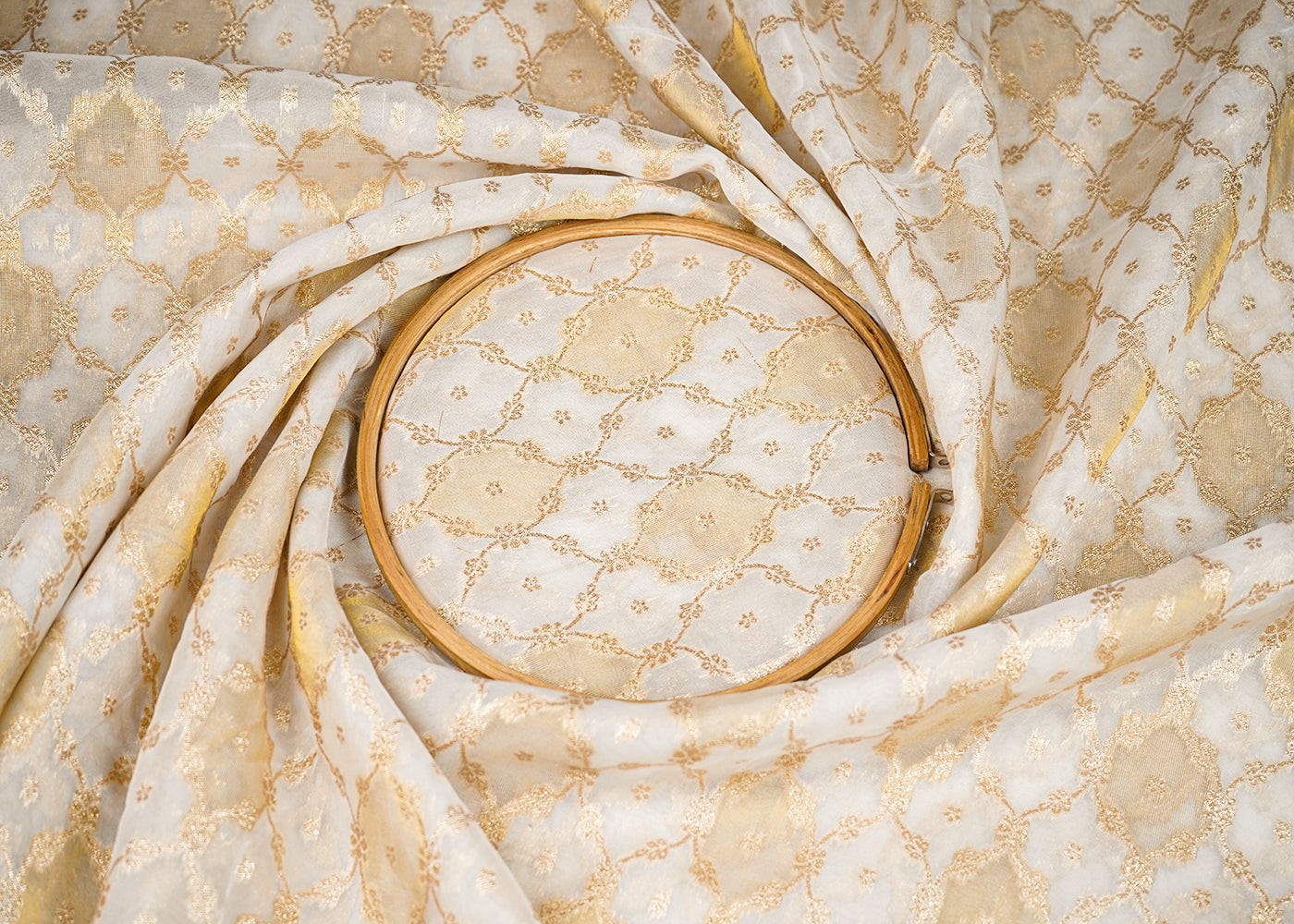 White Organza Tissue Fabric with Allover Golden Zari Jaal Pattern Handloom 19616