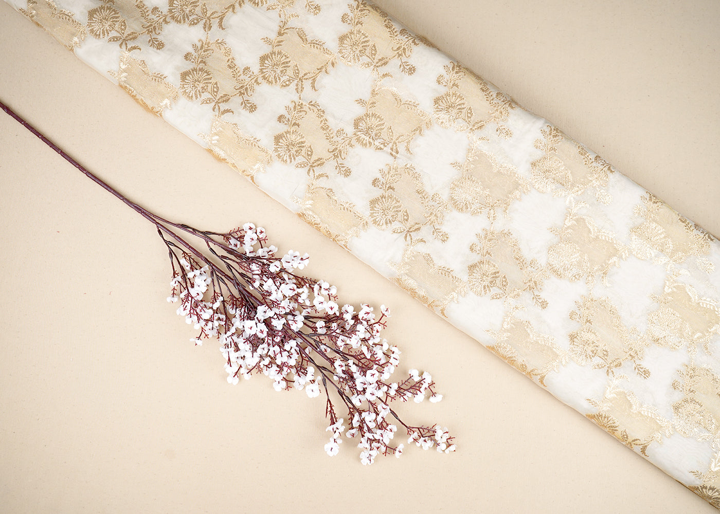 White Organza Tissue Fabric with Allover Golden Zari Floral Pattern Handloom 19618