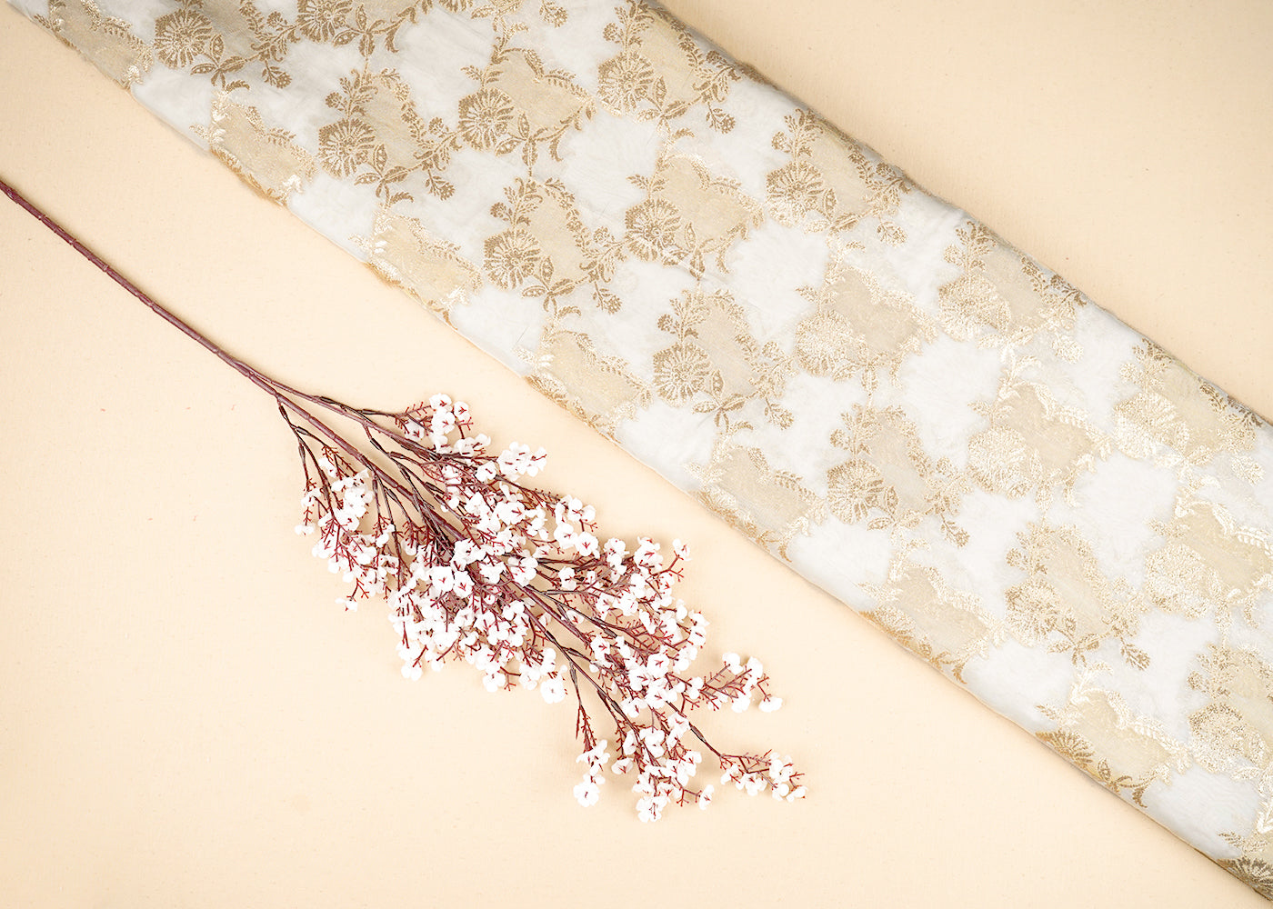 White Organza Tissue Fabric with Allover Golden Zari Floral Pattern Handloom 19618