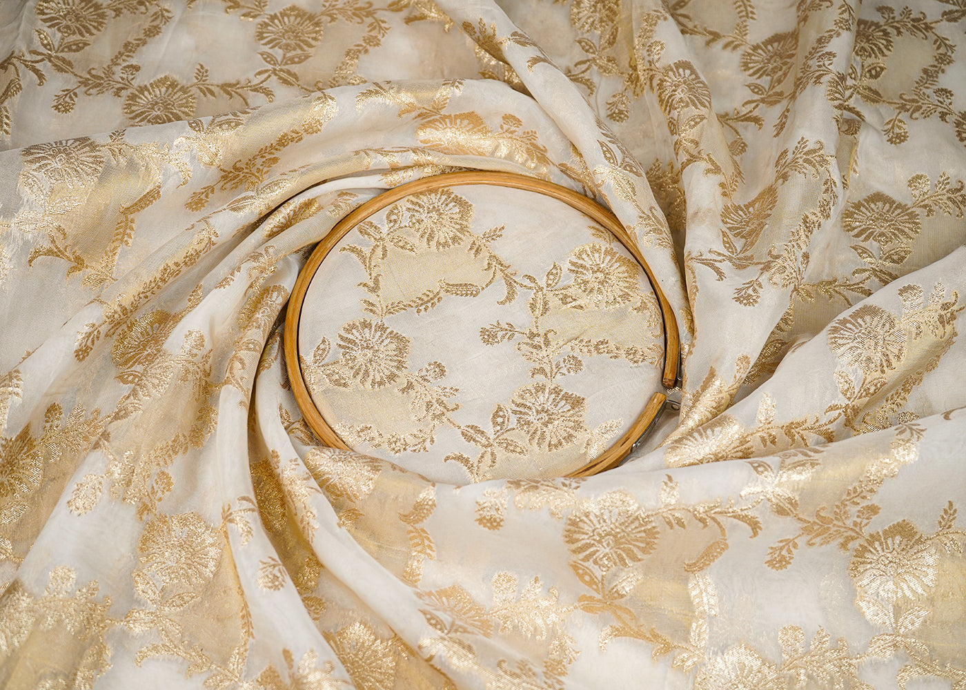 White Organza Tissue Fabric with Allover Golden Zari Floral Pattern Handloom 19618