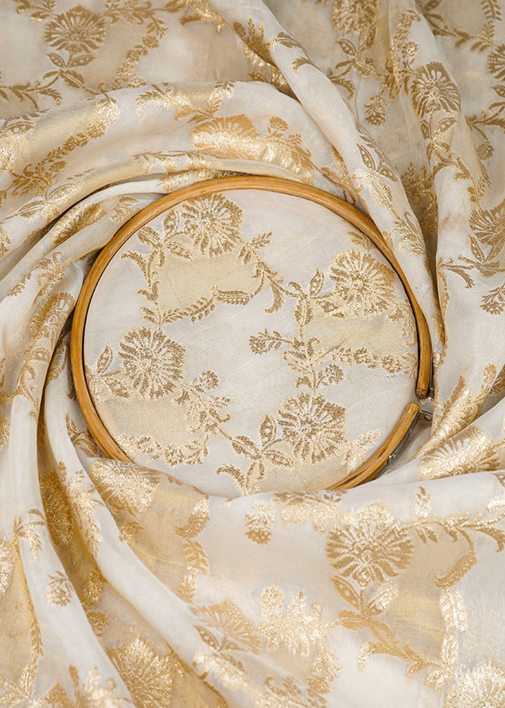 White Organza Tissue Fabric with Allover Golden Zari Floral Pattern Handloom 19618