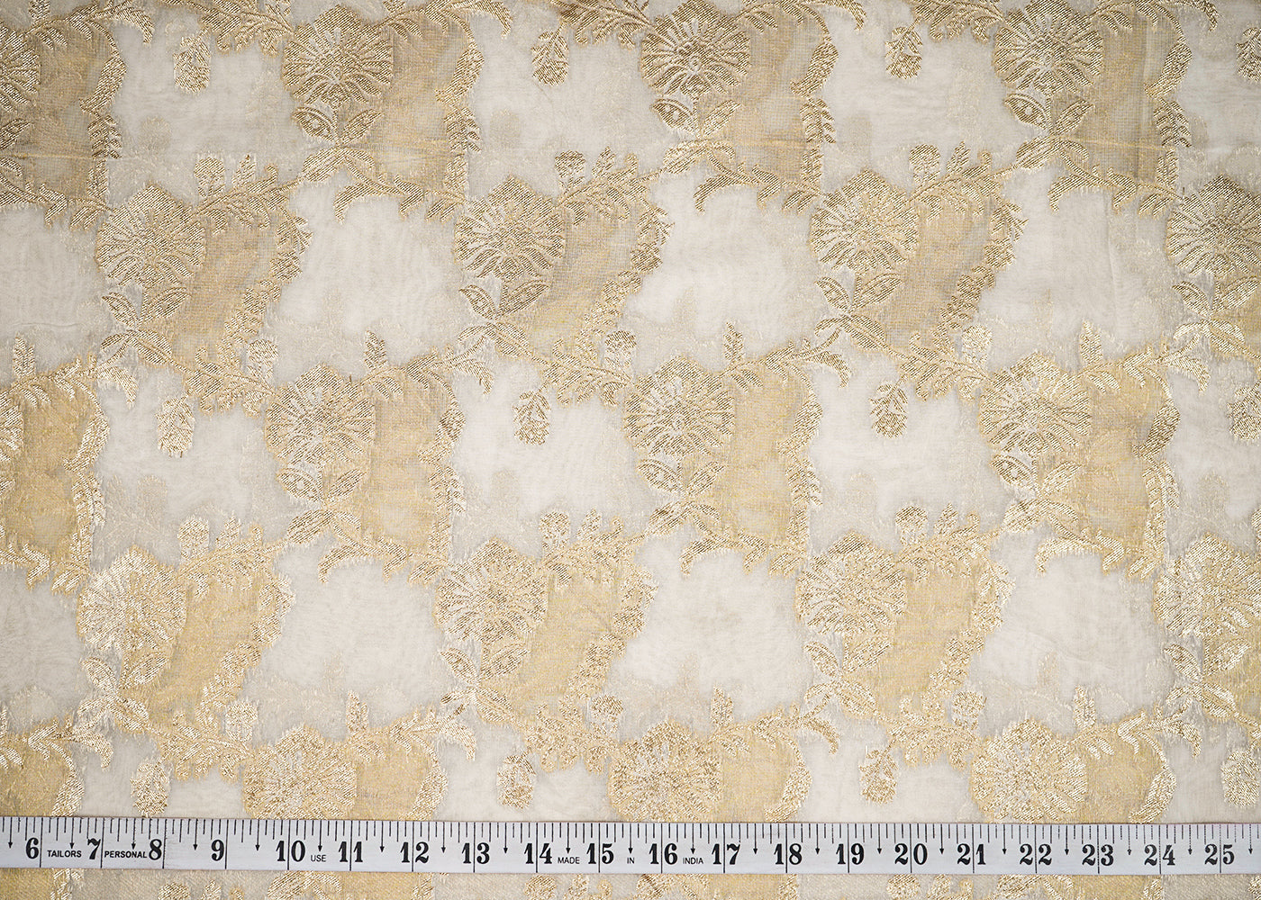 White Organza Tissue Fabric with Allover Golden Zari Floral Pattern Handloom 19618