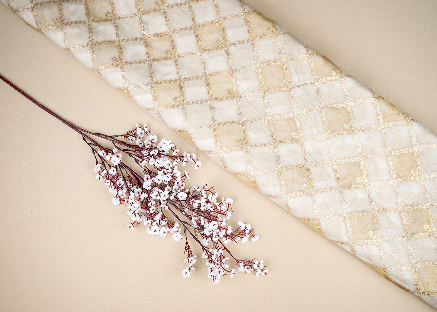 White Organza Tissue Fabric with Allover Golden Zari Jaal Pattern Handloom 19621