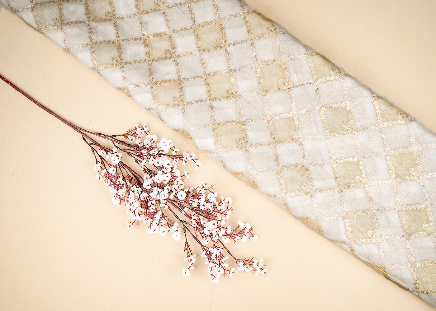 White Organza Tissue Fabric with Allover Golden Zari Jaal Pattern Handloom 19621