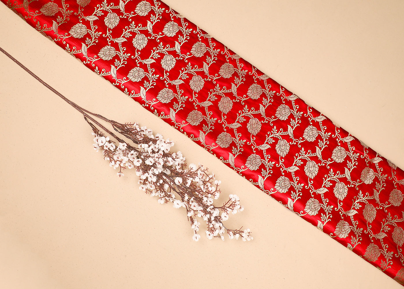 Red Banarasi Brocade Fabric with Allover Golden Zari Handloom 19622