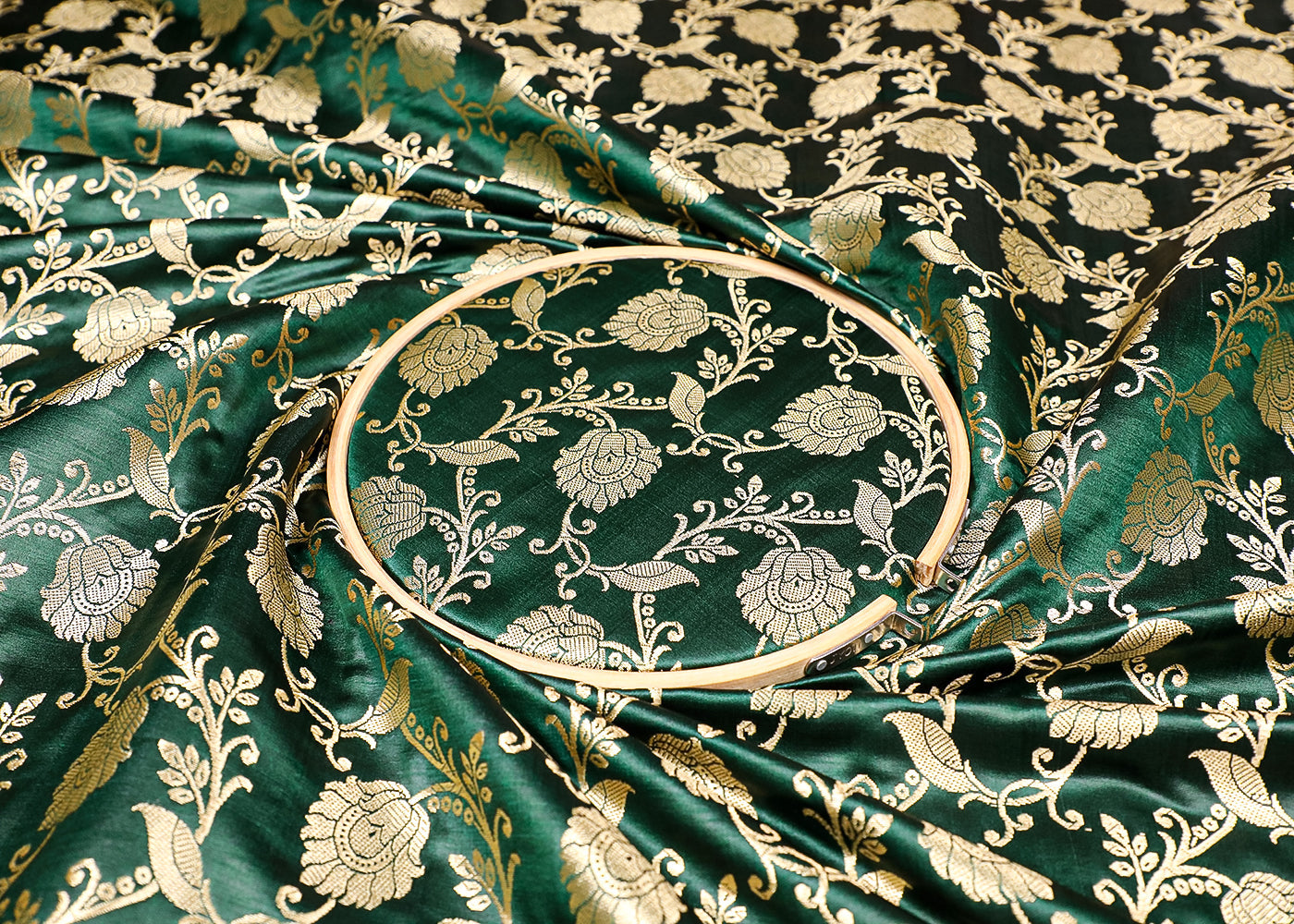 Green Banarasi Brocade Fabric with Allover Golden Zari Handloom 19624