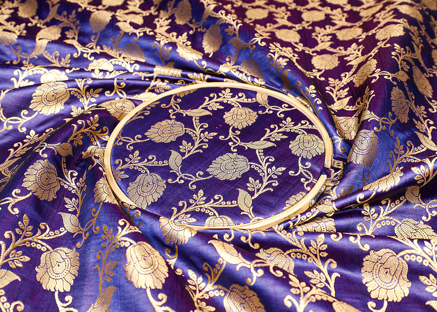 Purple Banarasi Brocade Fabric with Allover Golden Zari Handloom 19625