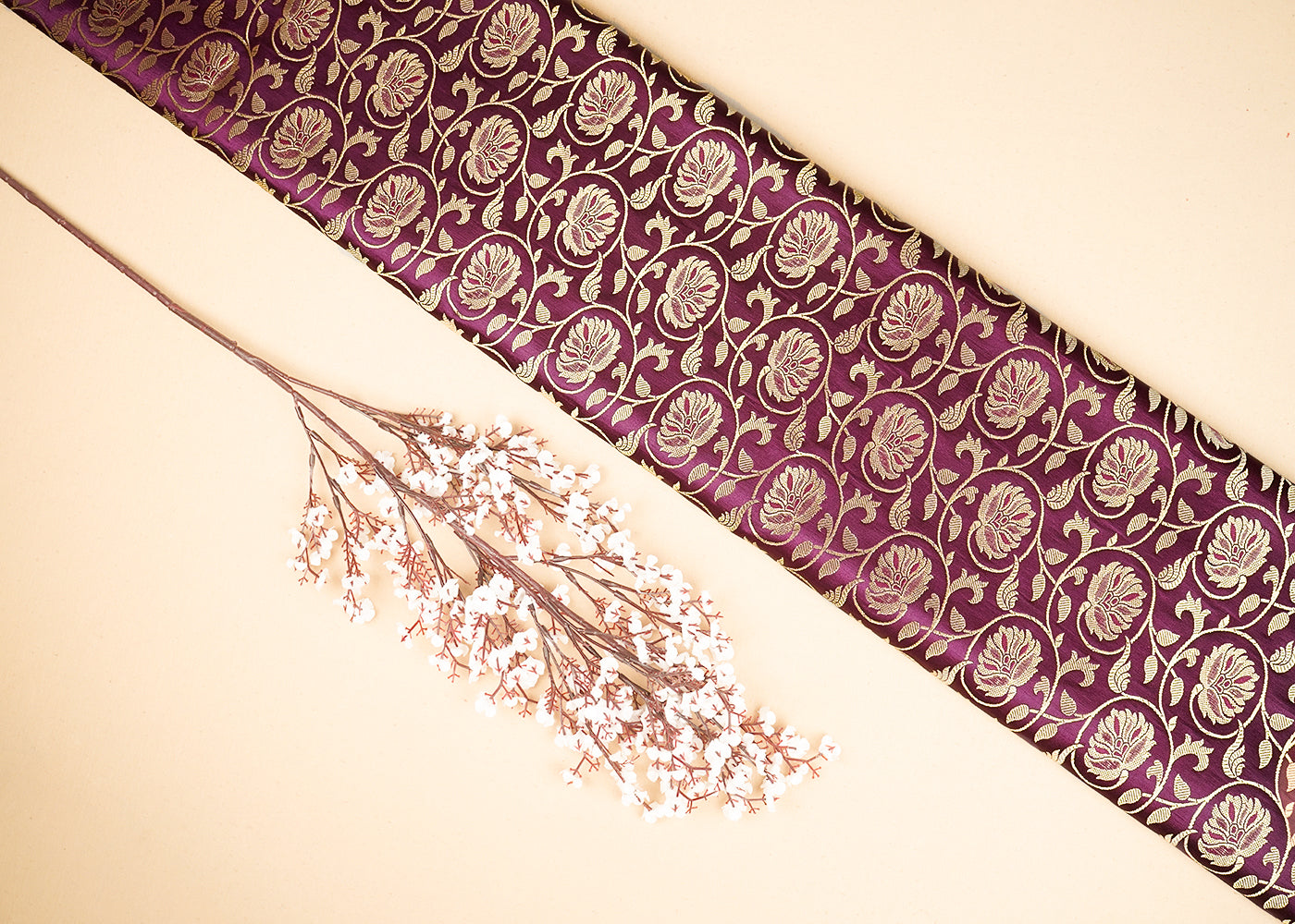 Wine Banarasi Brocade Fabric with Allover Golden Zari Handloom 19627