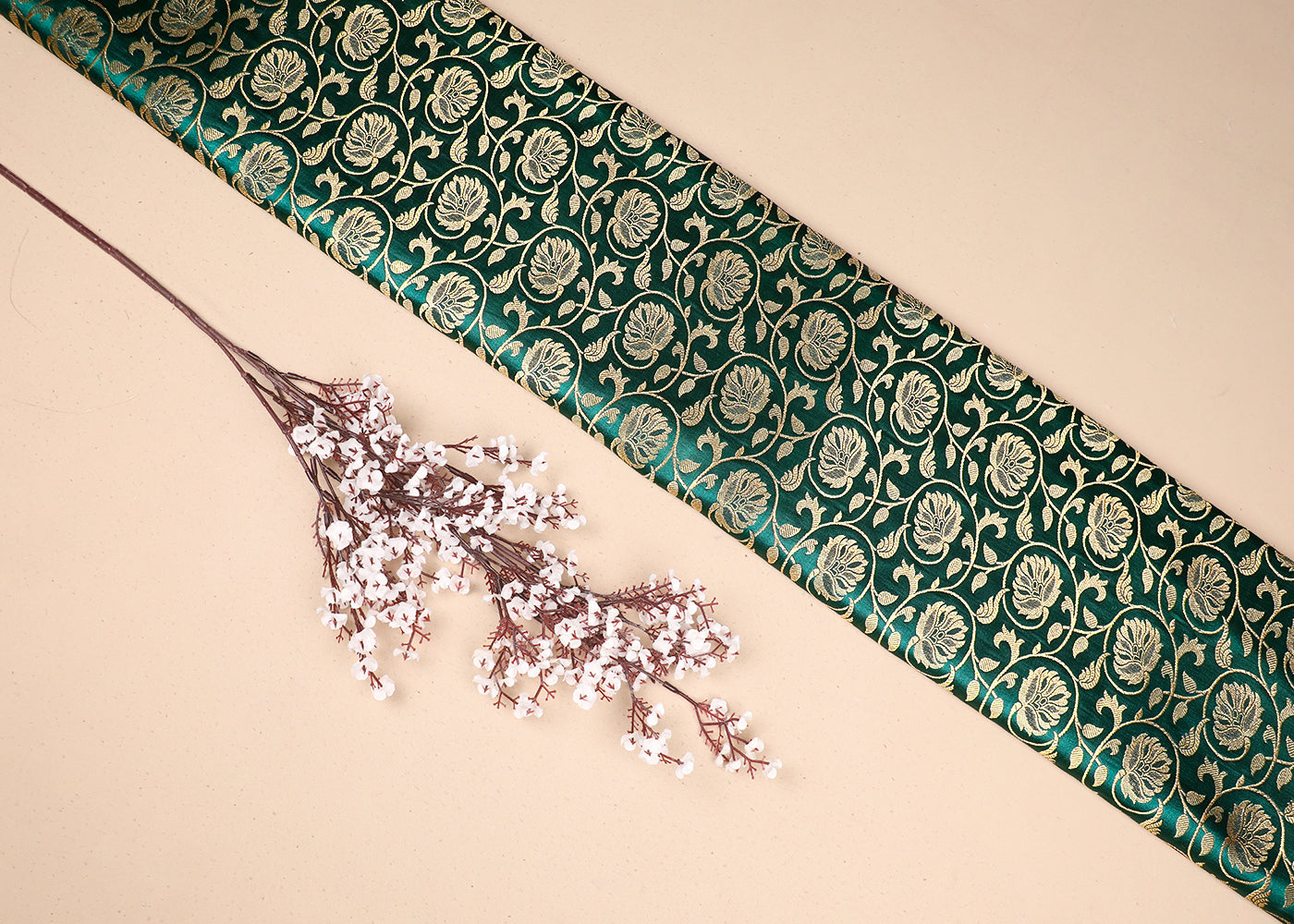 Bottle Green Banarasi Brocade Fabric with Allover Golden Zari Handloom 19628