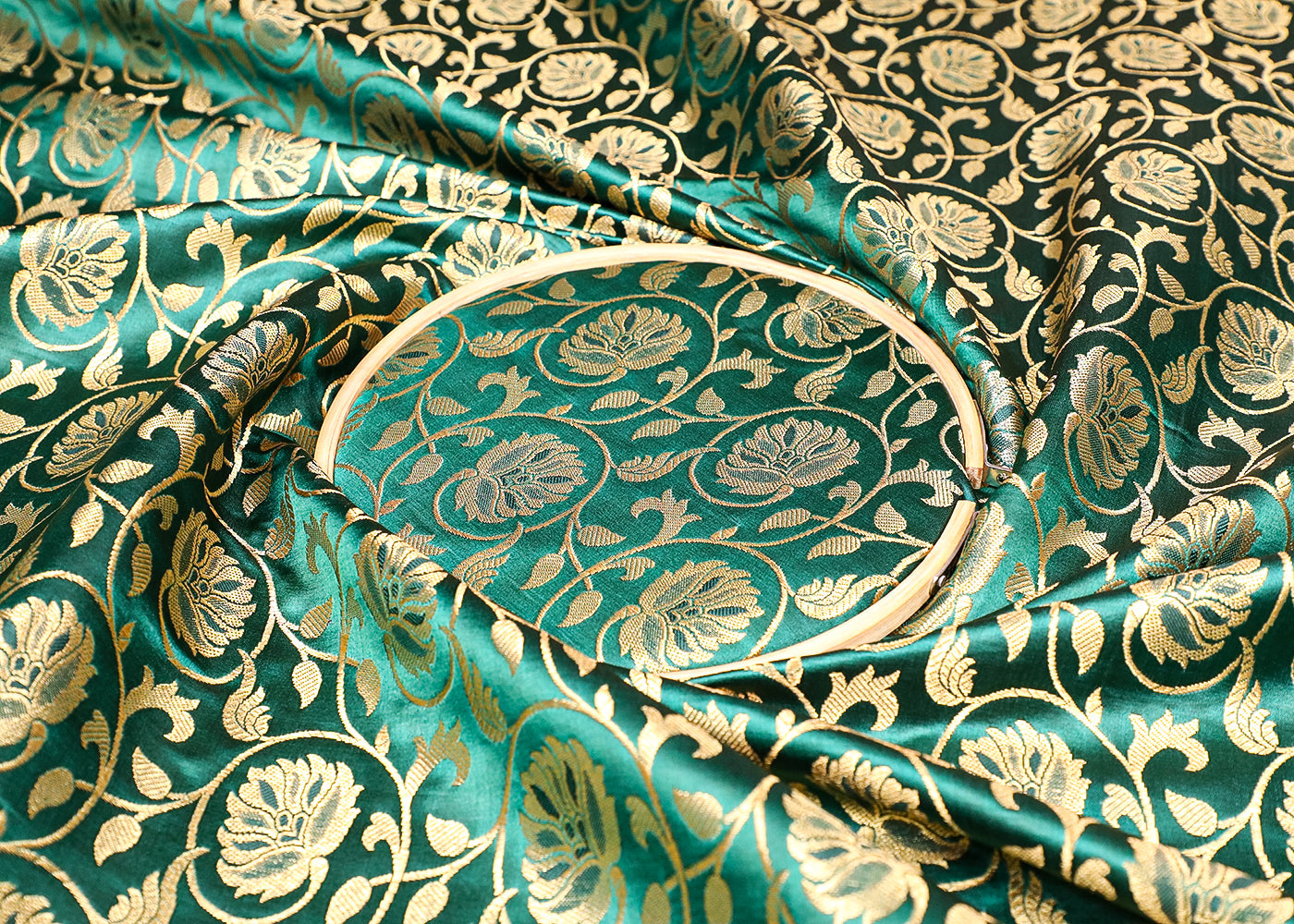 Bottle Green Banarasi Brocade Fabric with Allover Golden Zari Handloom 19628
