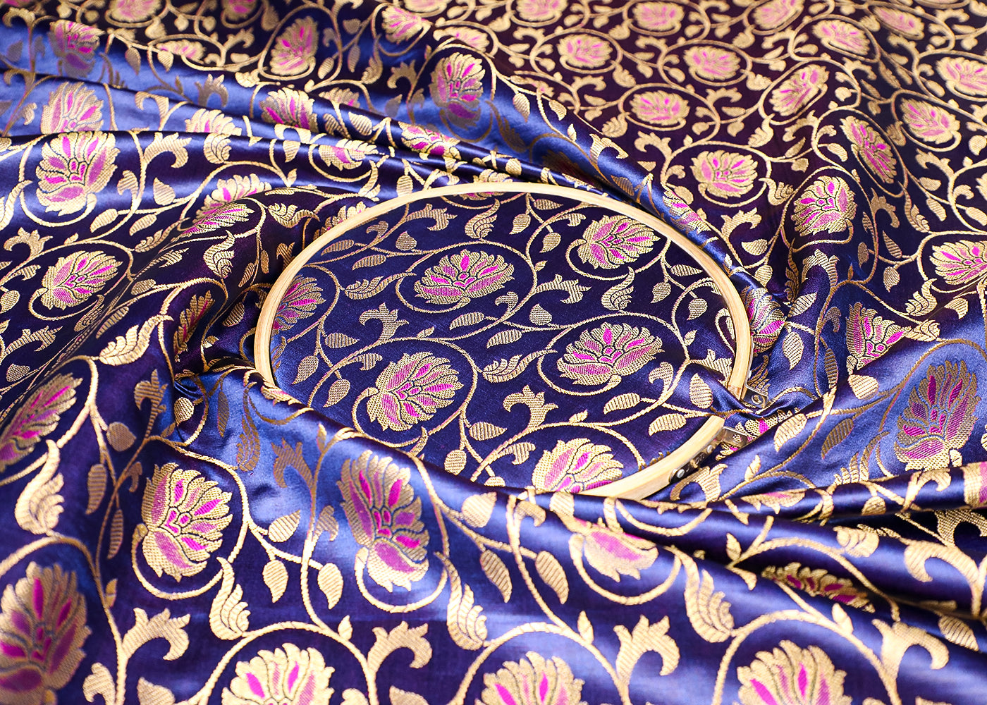 Navy Blue Banarasi Brocade Fabric with Allover Golden Zari Handloom 19629