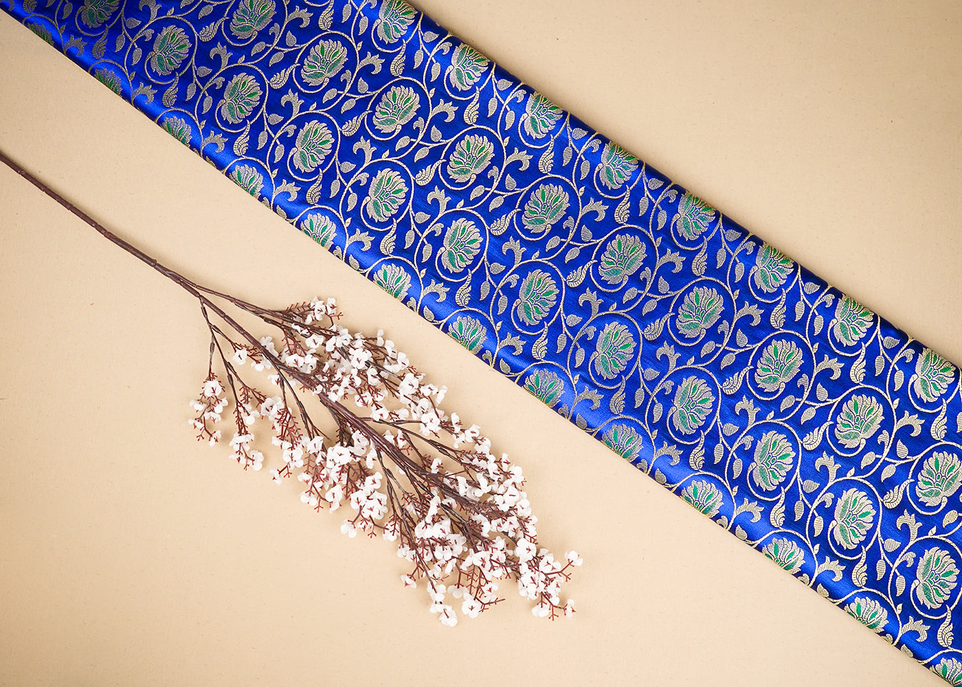 Royal Blue Banarasi Brocade Fabric with Allover Golden Zari Handloom 19631