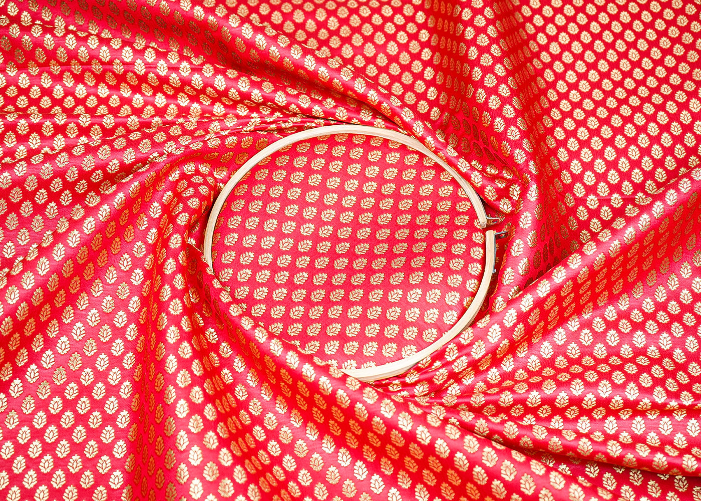 Red Banarasi Brocade Fabric with Allover Golden Zari Handloom 19632