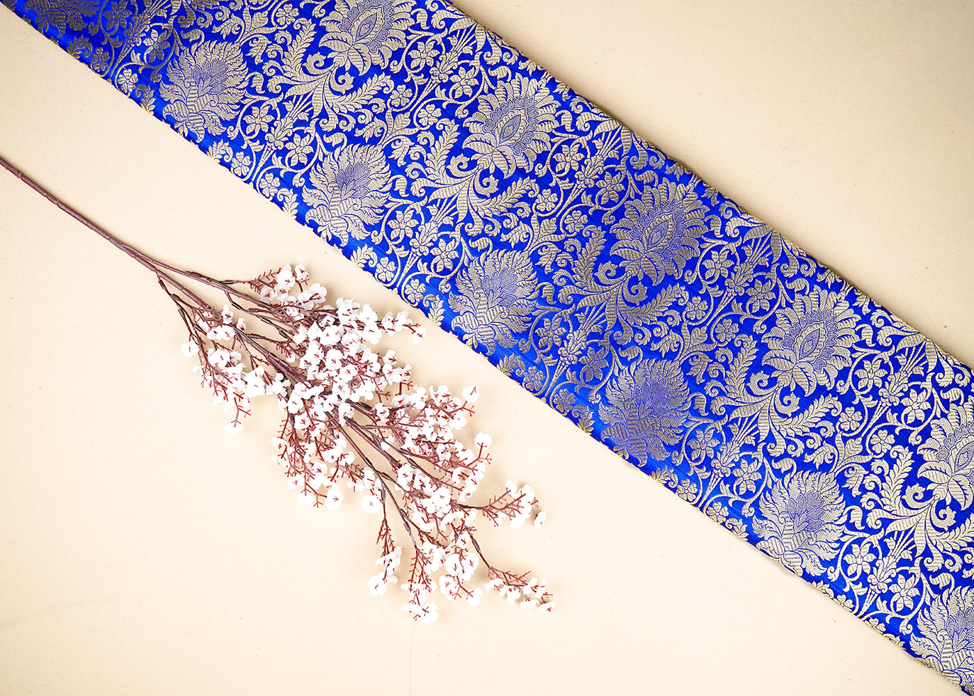 Royal Blue Banarasi Brocade Fabric with Allover Golden Zari Handloom 19633