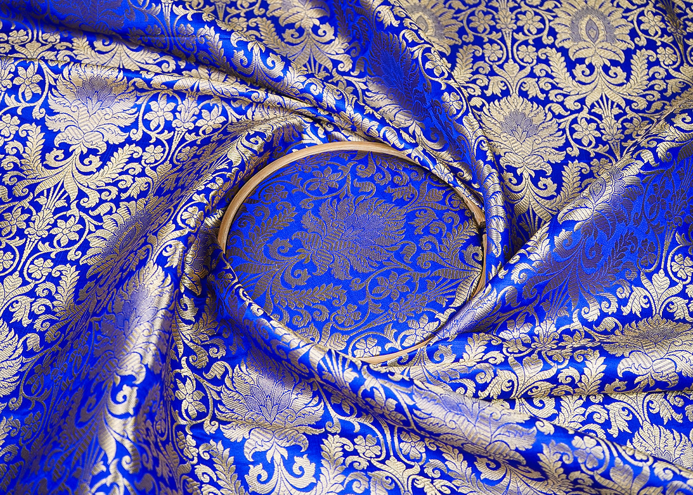 Royal Blue Banarasi Brocade Fabric with Allover Golden Zari Handloom 19633