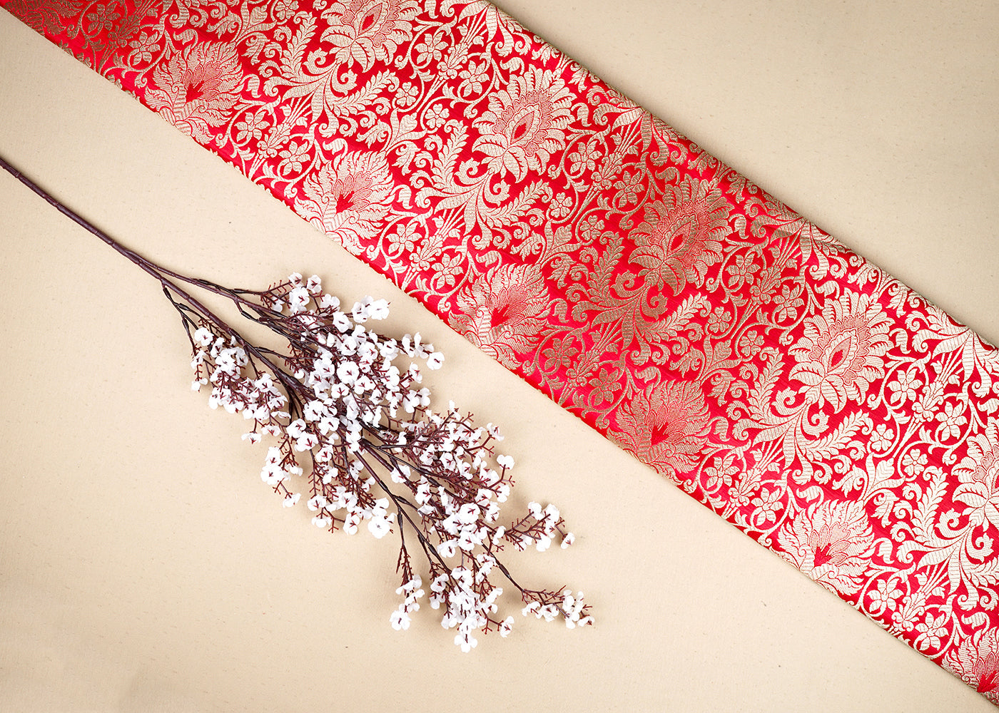Red Banarasi Brocade Fabric with Allover Golden Zari Handloom 19634