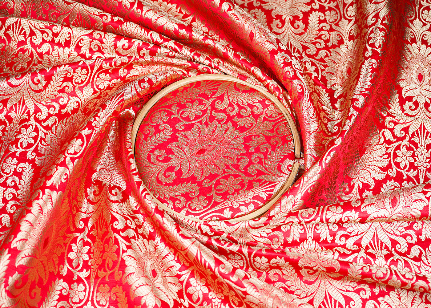 Red Banarasi Brocade Fabric with Allover Golden Zari Handloom 19634