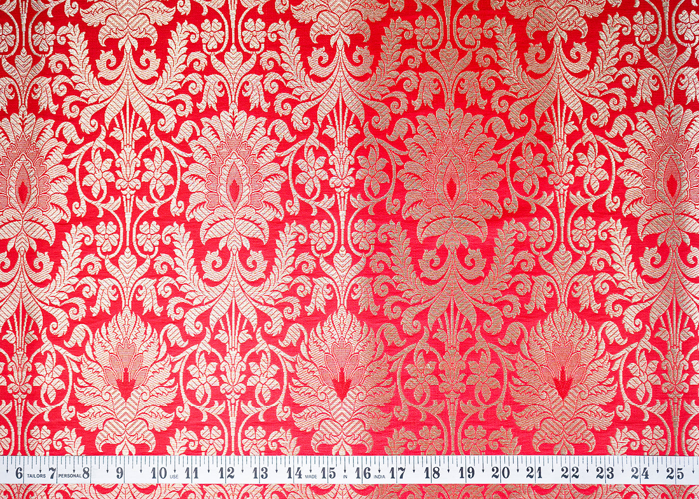 Red Banarasi Brocade Fabric with Allover Golden Zari Handloom 19634
