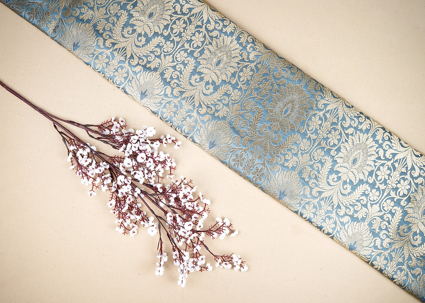 Grey Banarasi Brocade Fabric with Allover Golden Zari Handloom 19635