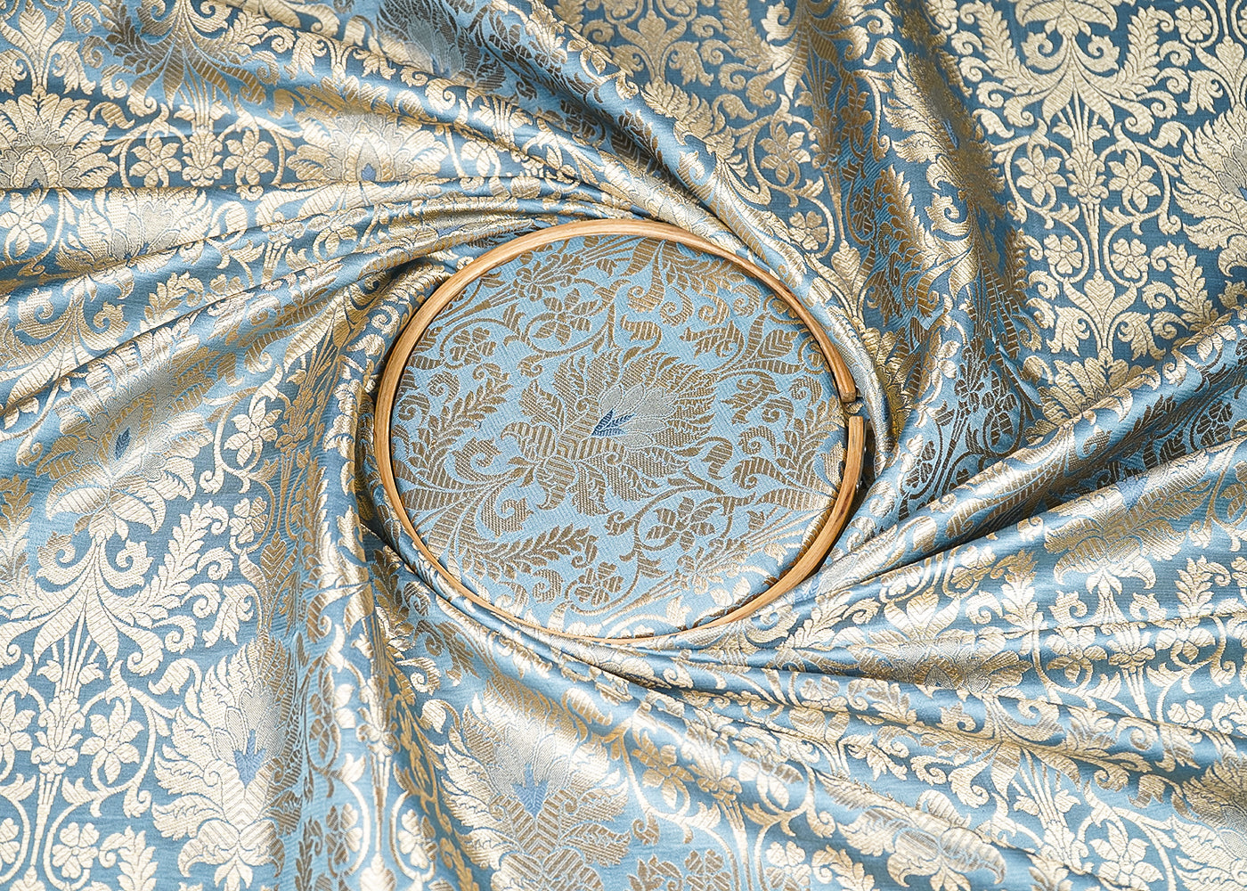 Grey Banarasi Brocade Fabric with Allover Golden Zari Handloom 19635