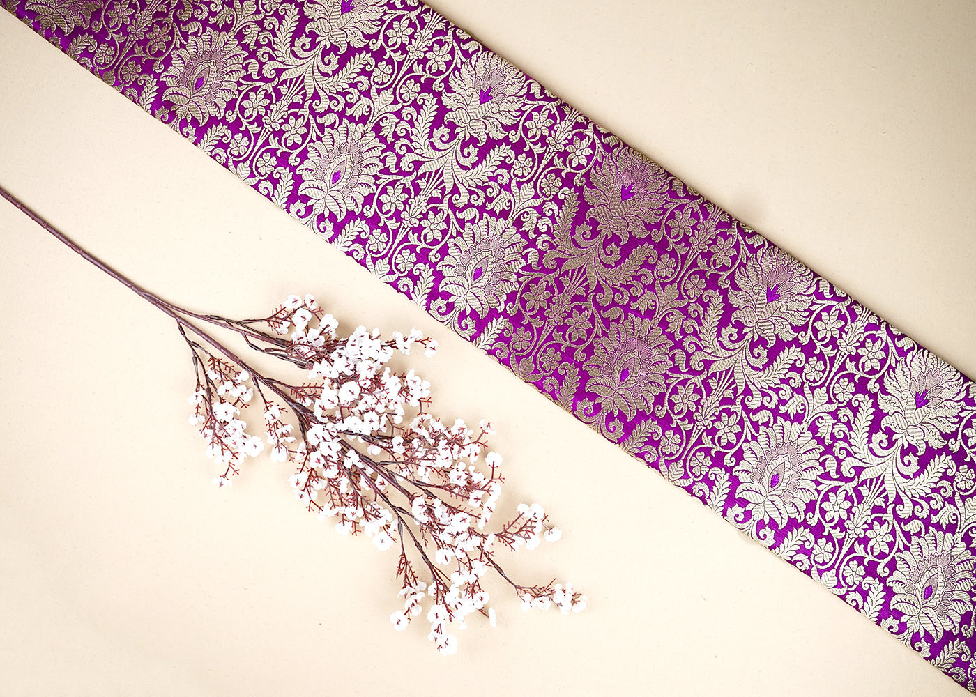 Purple Banarasi Brocade Fabric with Allover Golden Zari Handloom 19636