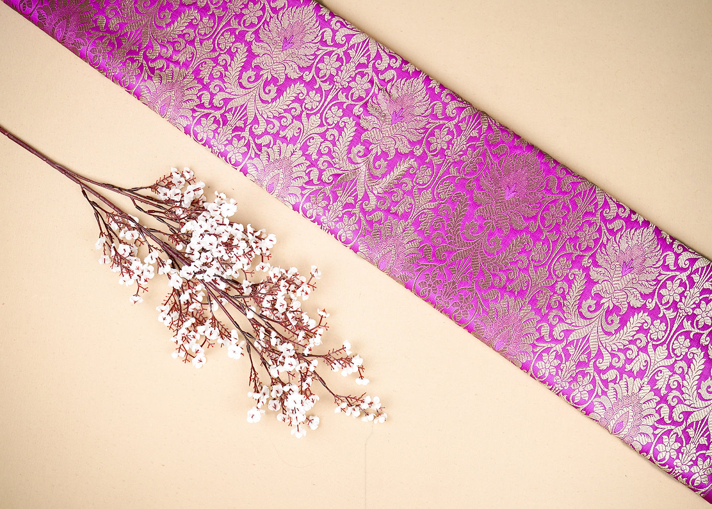 Baby Pink Banarasi Brocade Fabric with Allover Golden Zari Handloom 19637