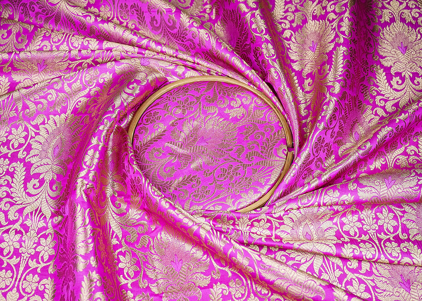 Baby Pink Banarasi Brocade Fabric with Allover Golden Zari Handloom 19637