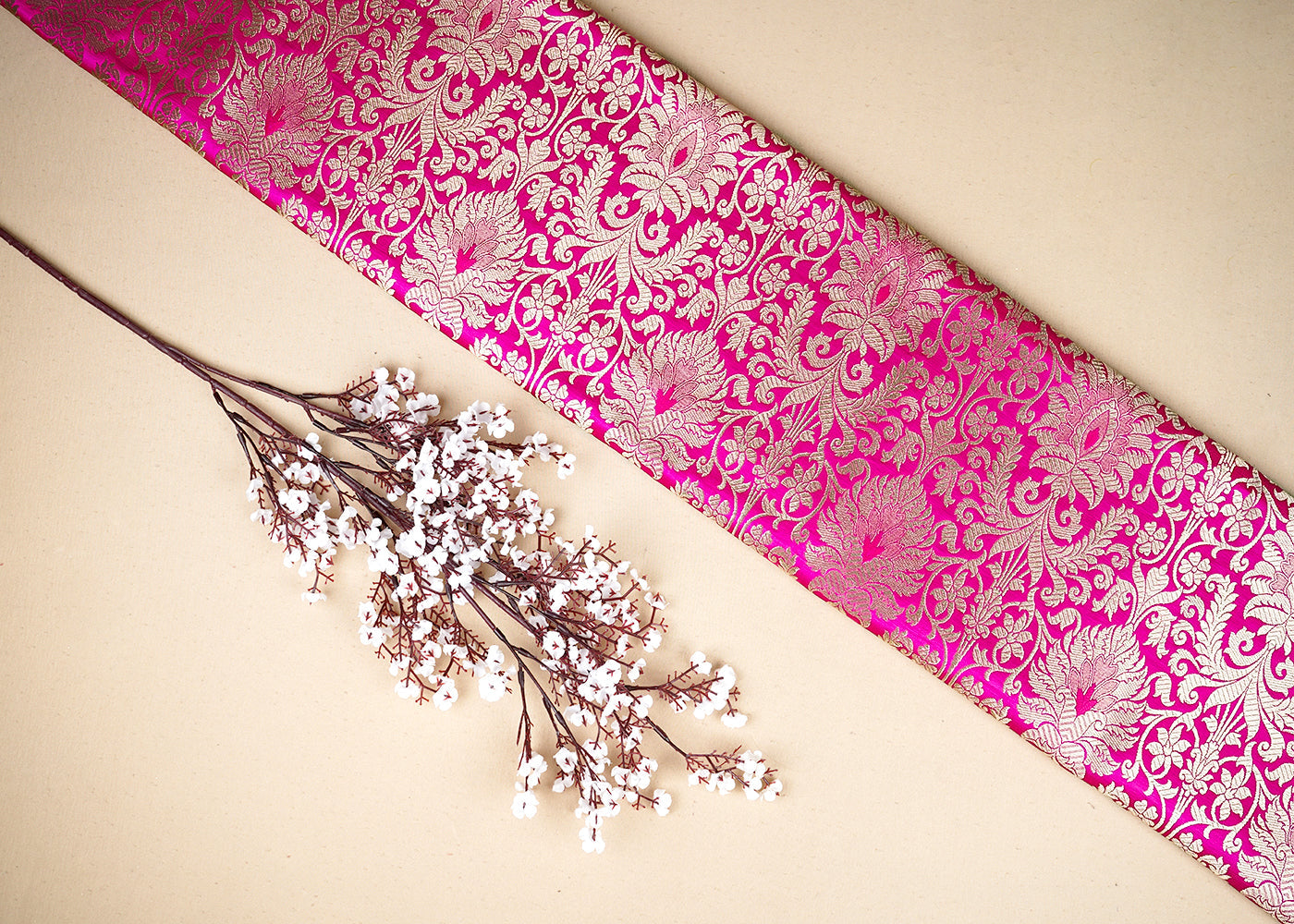 Rani Pink Banarasi Brocade Fabric with Allover Golden Zari Handloom 19639