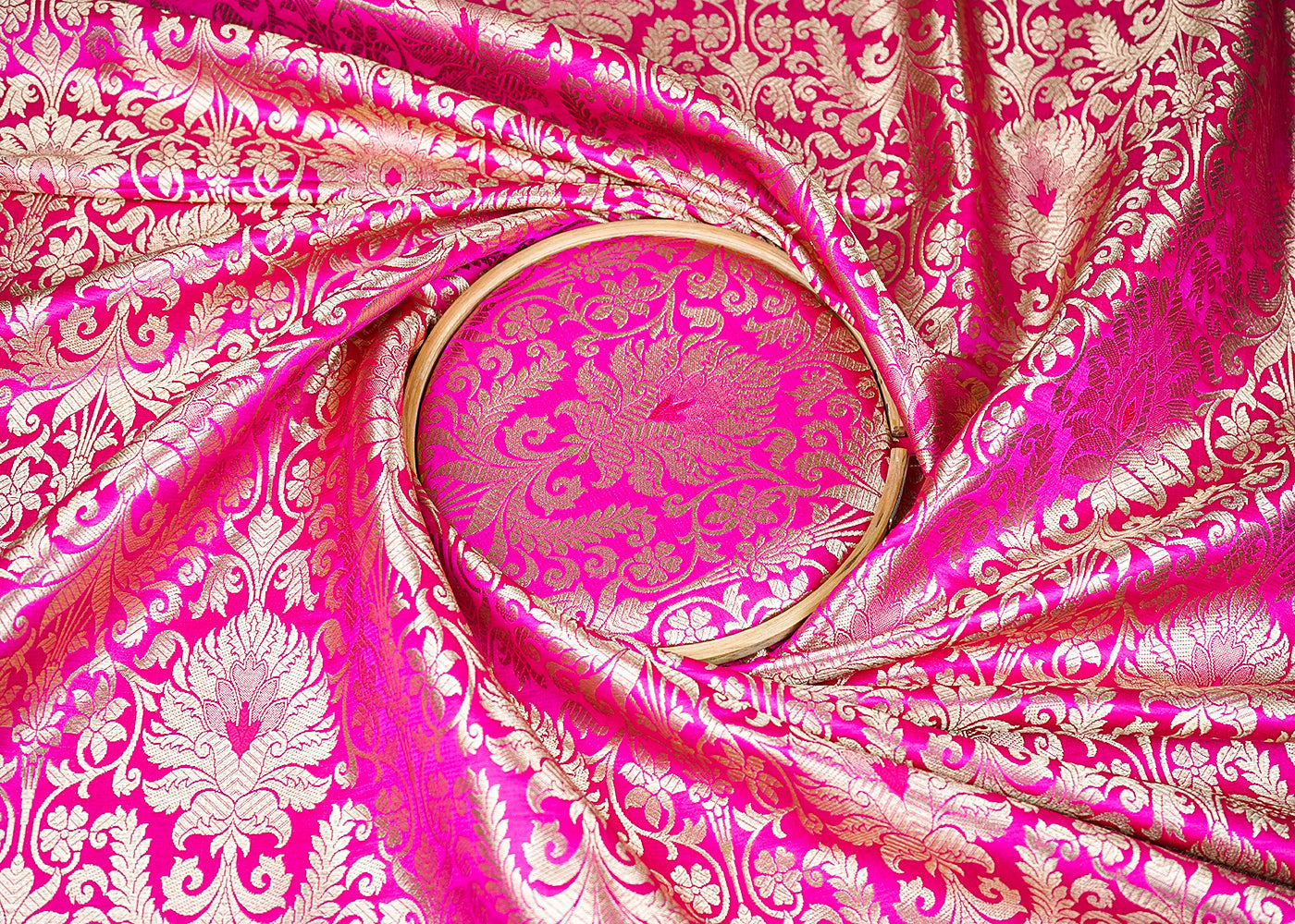 Rani Pink Banarasi Brocade Fabric with Allover Golden Zari Handloom 19639