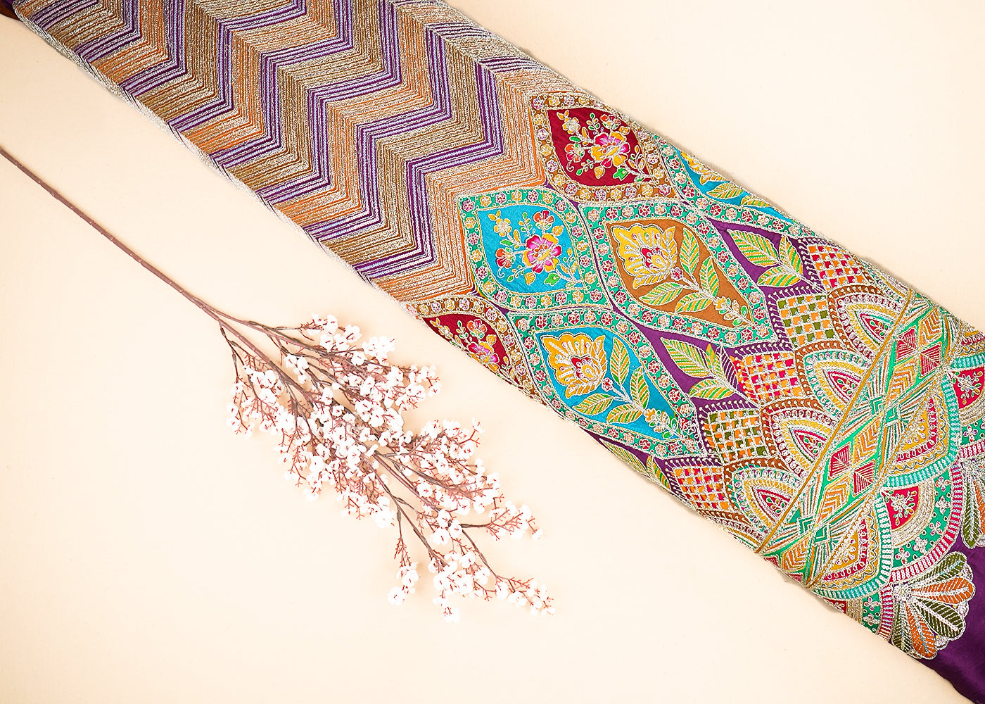 Purple Crepe Printed Fabric Embellished with Zari and Sequins with One-Side Heavy Border 19648