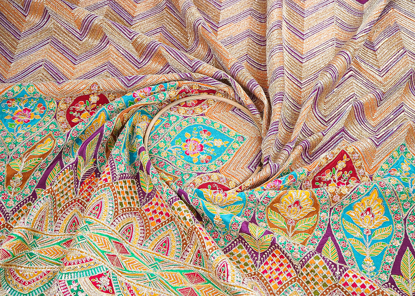 Purple Crepe Printed Fabric Embellished with Zari and Sequins with One-Side Heavy Border 19648