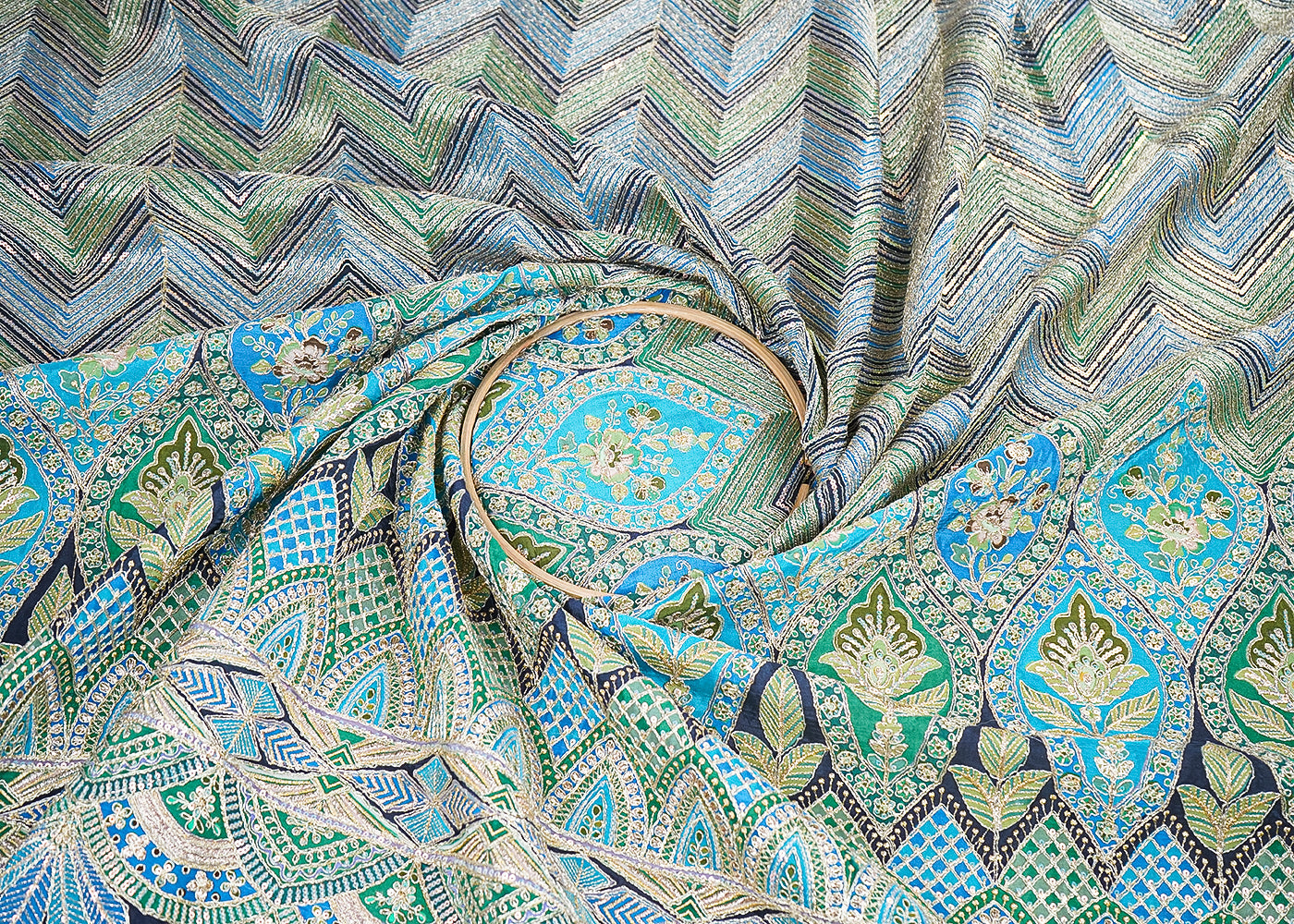 Navy Blue Crepe Printed Fabric Embellished with Zari and Sequins with One-Side Heavy Border 19649