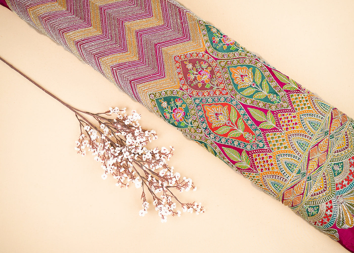 Pink Crepe Printed Fabric Embellished with Zari and Sequins with One-Side Heavy Border 19650