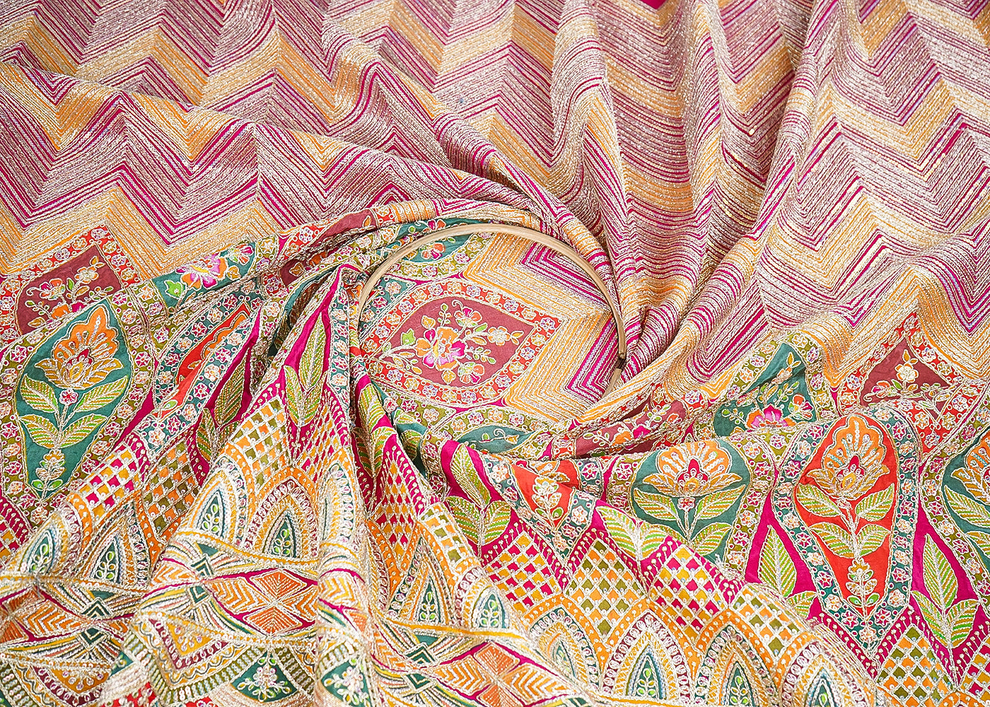 Pink Crepe Printed Fabric Embellished with Zari and Sequins with One-Side Heavy Border 19650