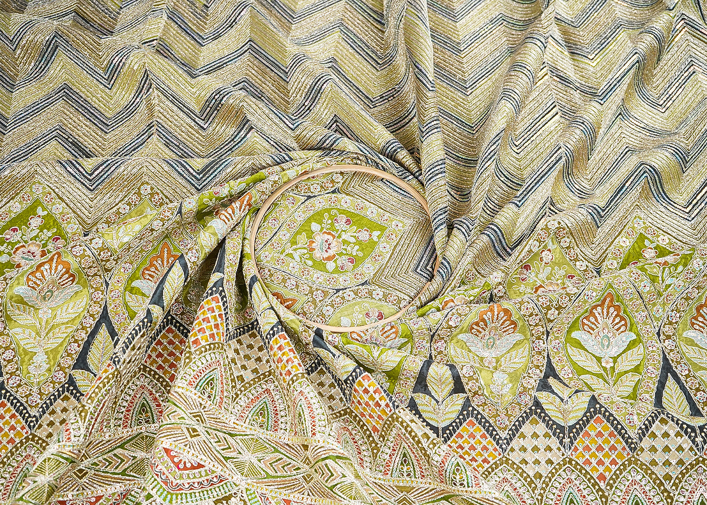 Dark Green Crepe Printed Fabric Embellished with Zari and Sequins with One-Side Heavy Border 19651