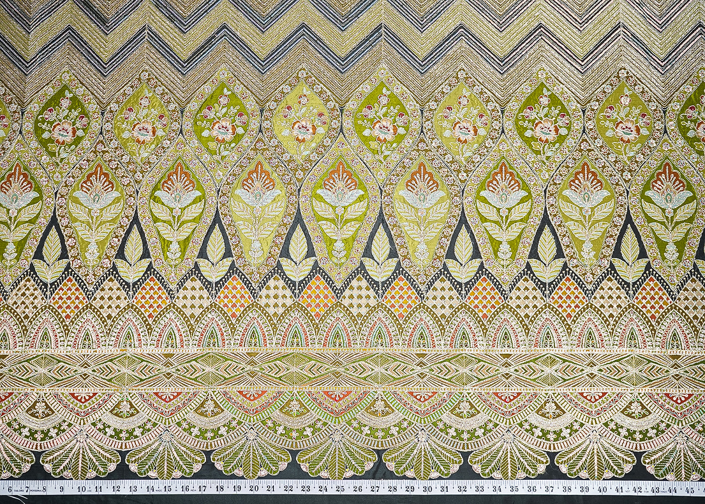 Dark Green Crepe Printed Fabric Embellished with Zari and Sequins with One-Side Heavy Border 19651