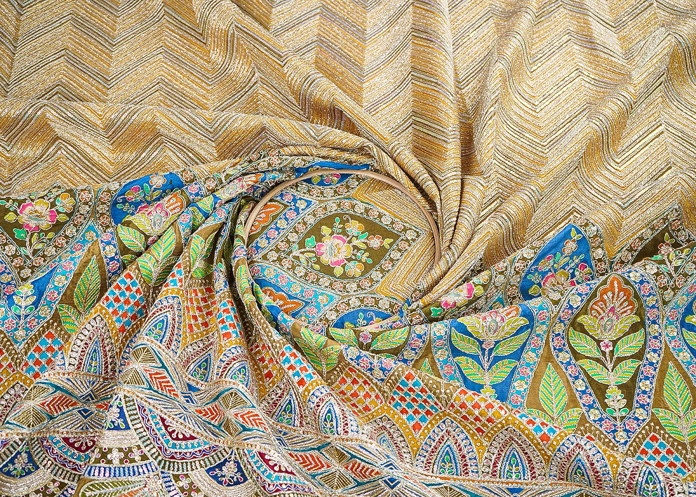 Mehendi Crepe Printed Fabric Embellished with Zari and Sequins with One-Side Heavy Border 19652