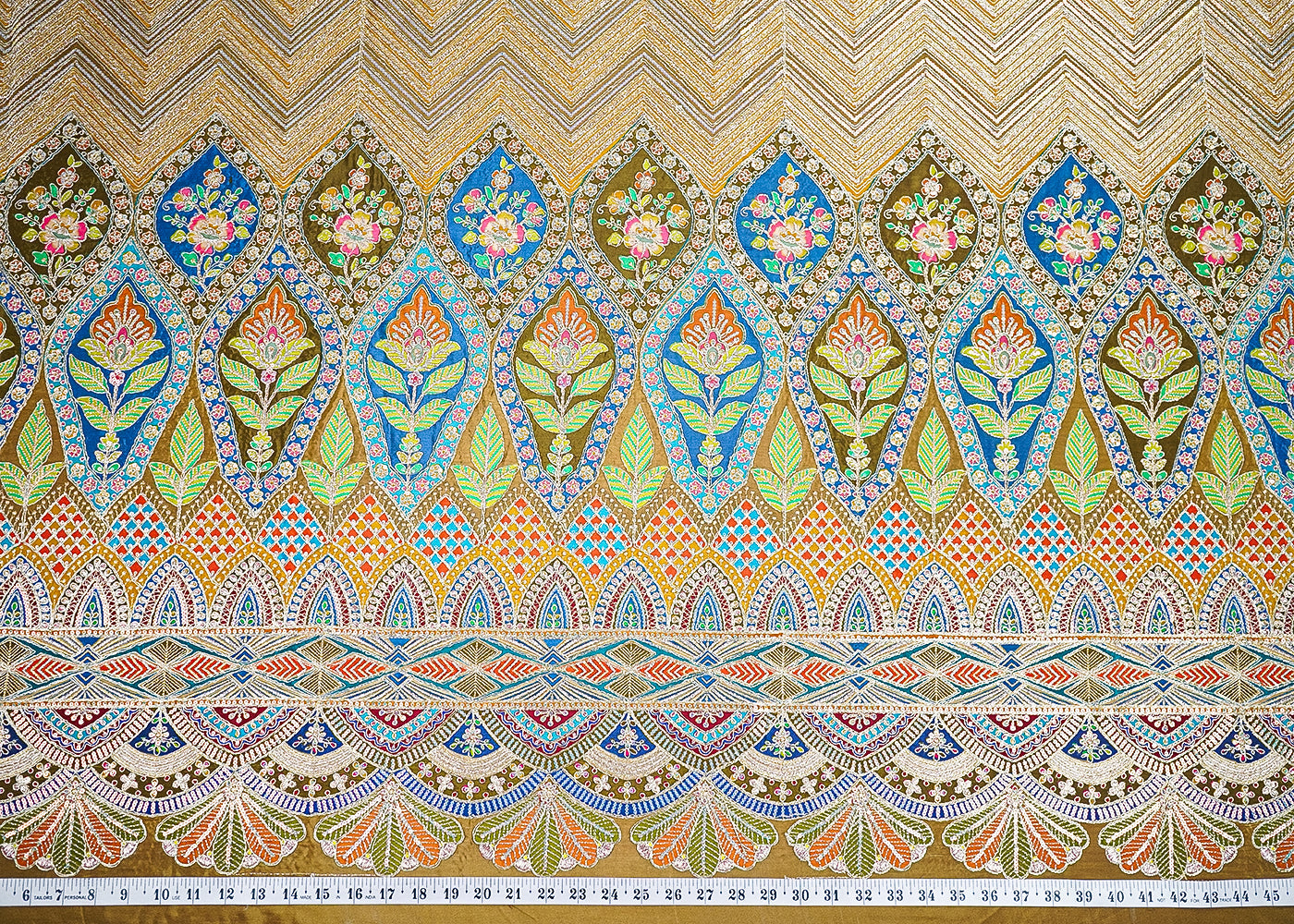Mehendi Crepe Printed Fabric Embellished with Zari and Sequins with One-Side Heavy Border 19652