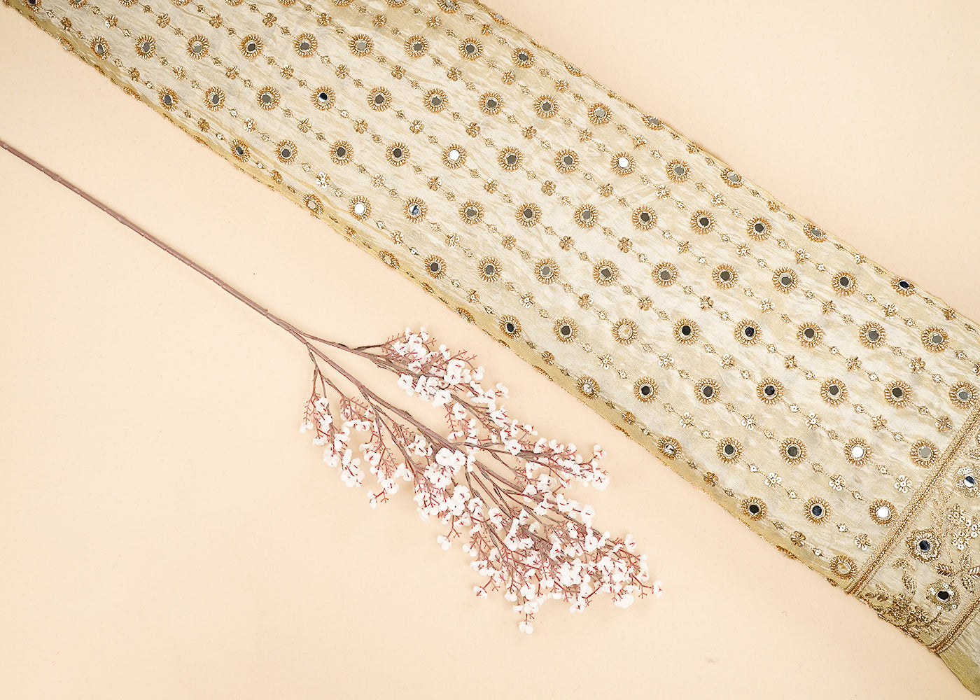 Golden Tissue Fabric With All Over Zari, Sequins, Katdana And Bead, Mirror Work With One Side Border 19653