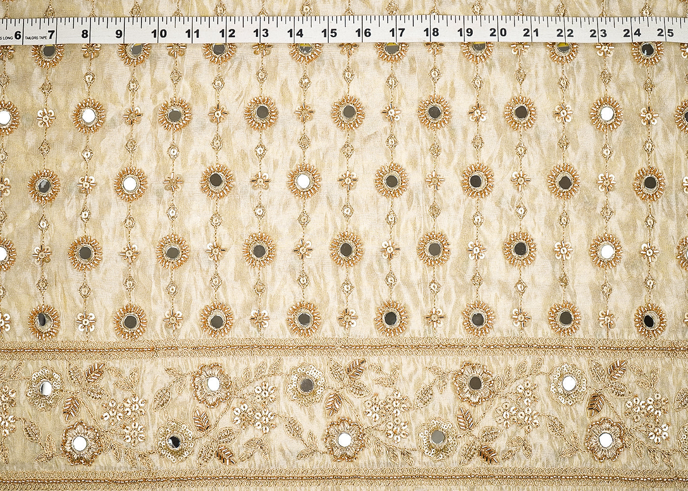 Golden Tissue Fabric With All Over Zari, Sequins, Katdana And Bead, Mirror Work With One Side Border 19653