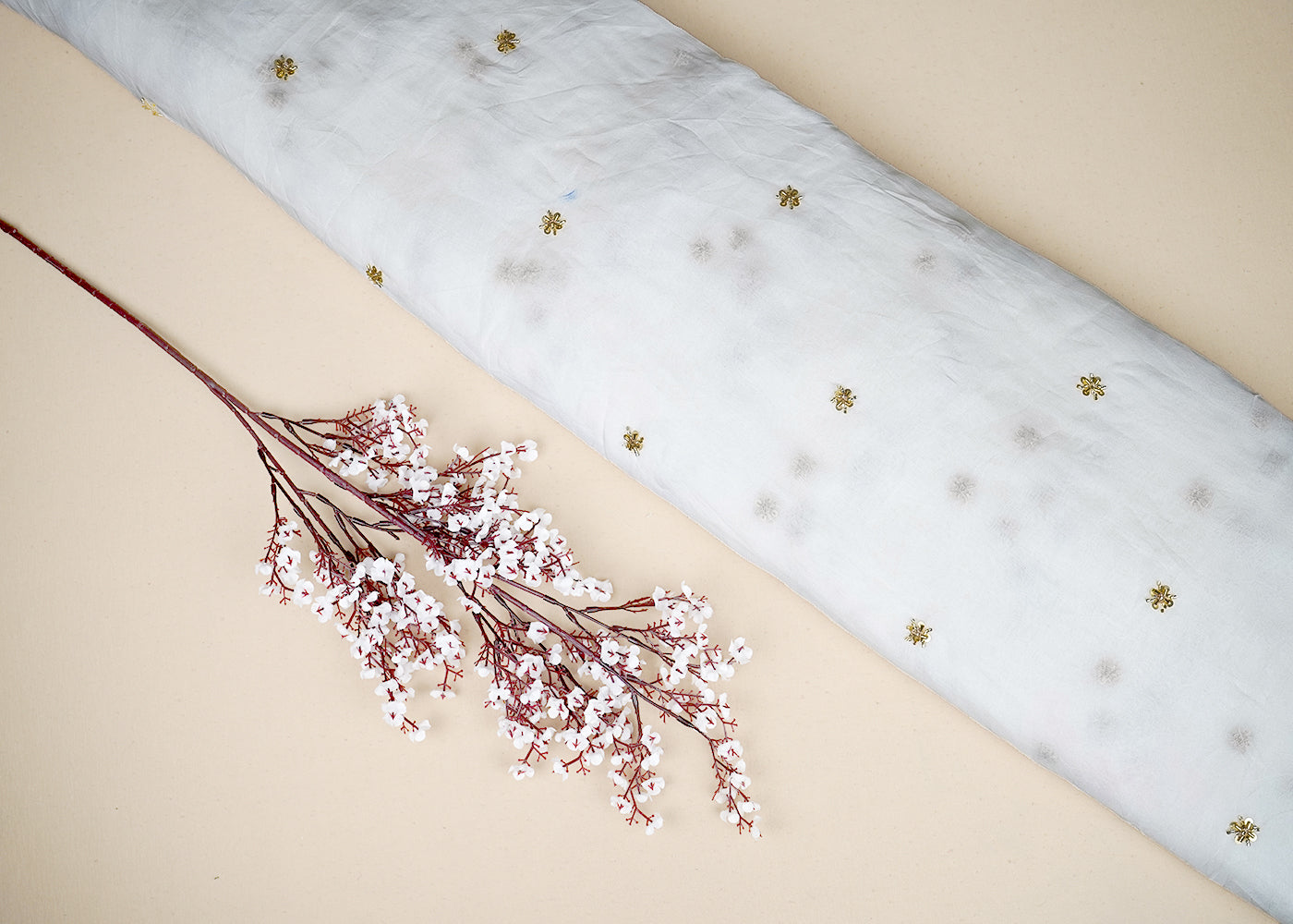 White Organza Fabric with Allover Buti of Sequins, Katdana and Thread Work 19658
