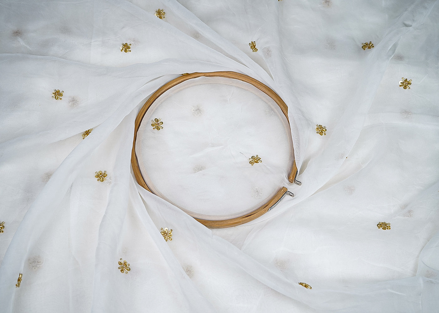 White Organza Fabric with Allover Buti of Sequins, Katdana and Thread Work 19658